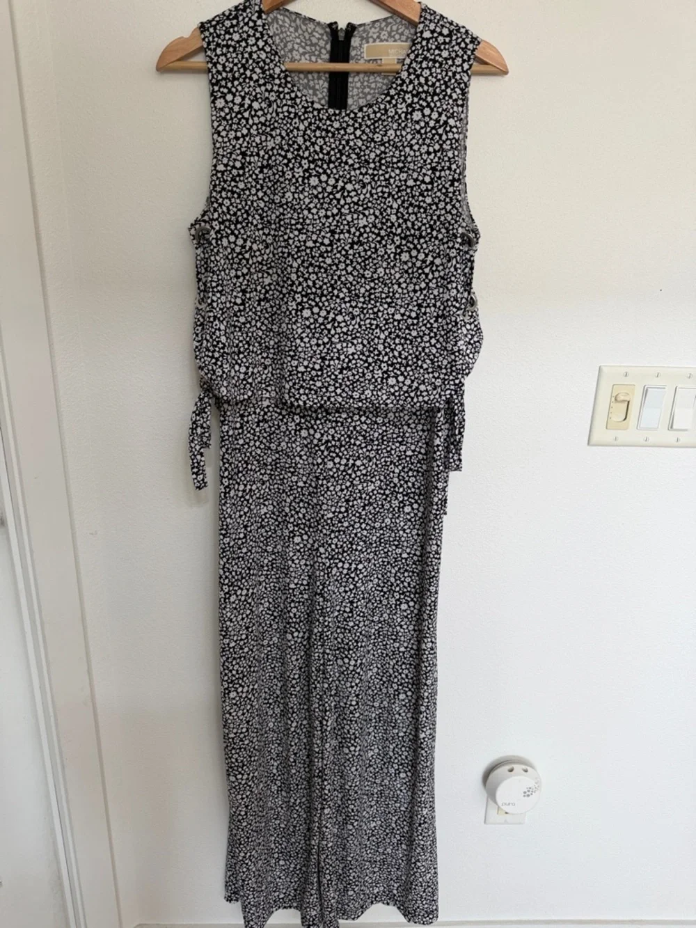Michael Kors Black and White Floral Sleeveless Jumpsuit with Side Tie